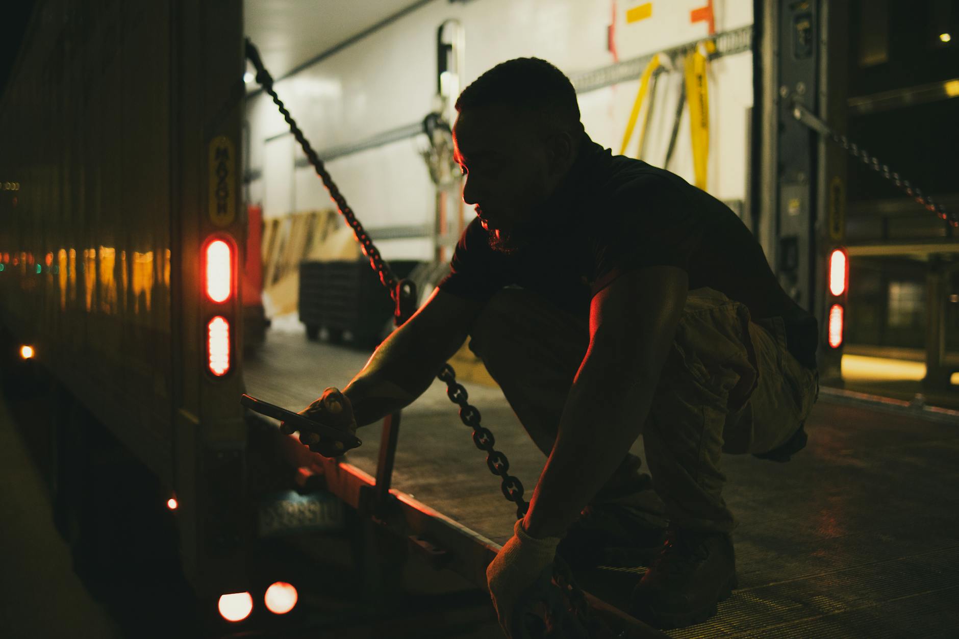 Mężczyzna nocą zabezpiecza łańcuchami ładunek na ciężarówce