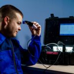 Zabezpieczenie na czas wstrząsów: czujniki przechyłu i rejestratory Technik w niebieskim kombinezonie obsługuje sprzęt diagnostyczny w warsztacie